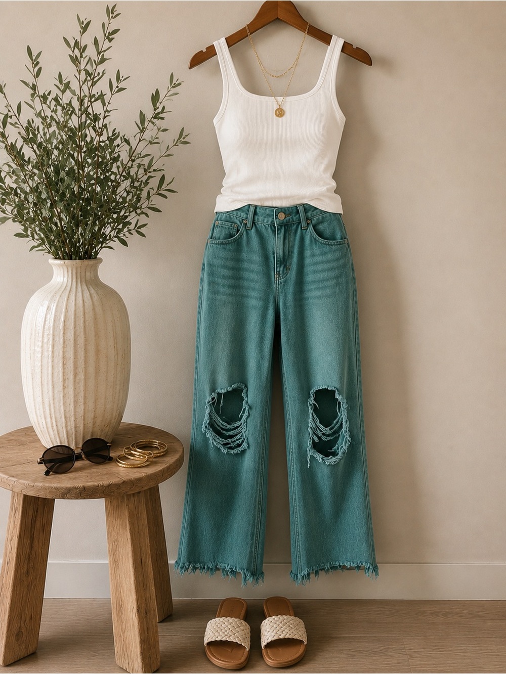 Women's Distressed High-Rise Jeans in Teal